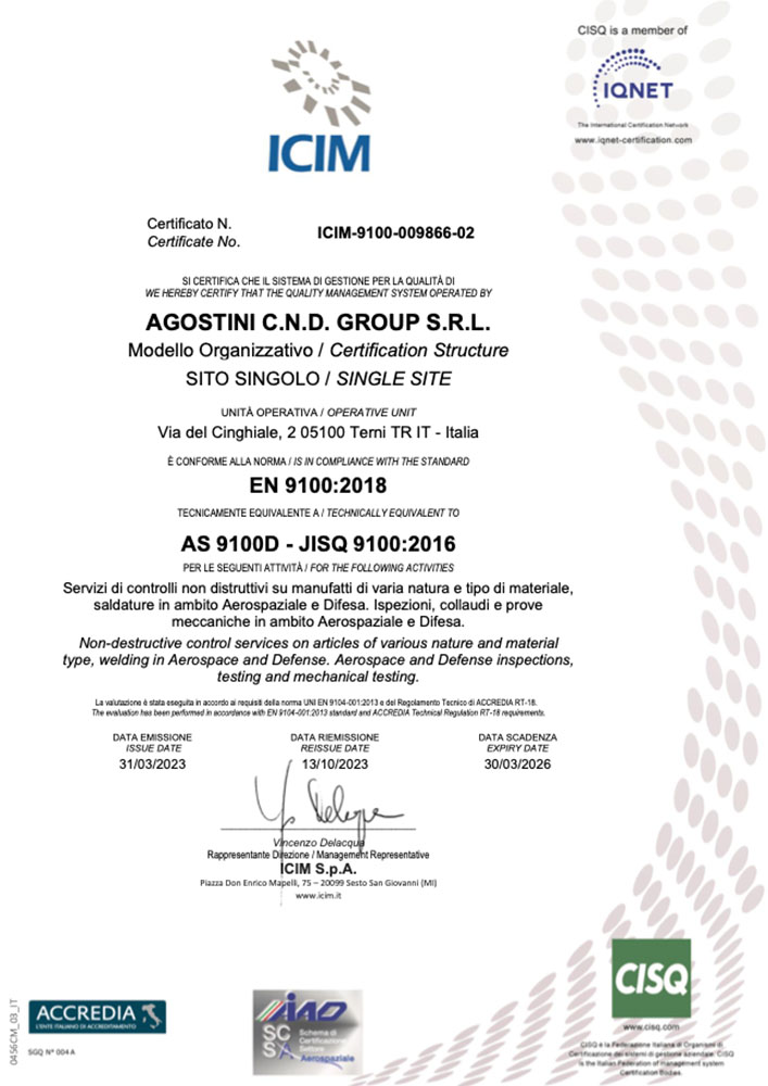 Certificato ISO 9100 AGOSTINI C.N.D. GROUP S.R.L